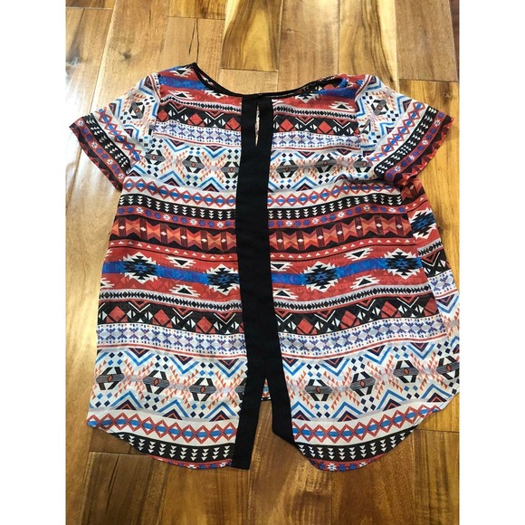 Geometric Pattern Sheer Top Size 1X Black Stripe Flowy Red Black I.N. Studio - Picture 3 of 5